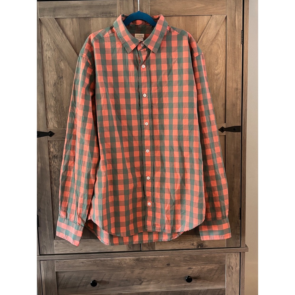 Crewcuts Boys Orange Green Gingham Button Down Shirt Size 14 Long Sleeve 96864